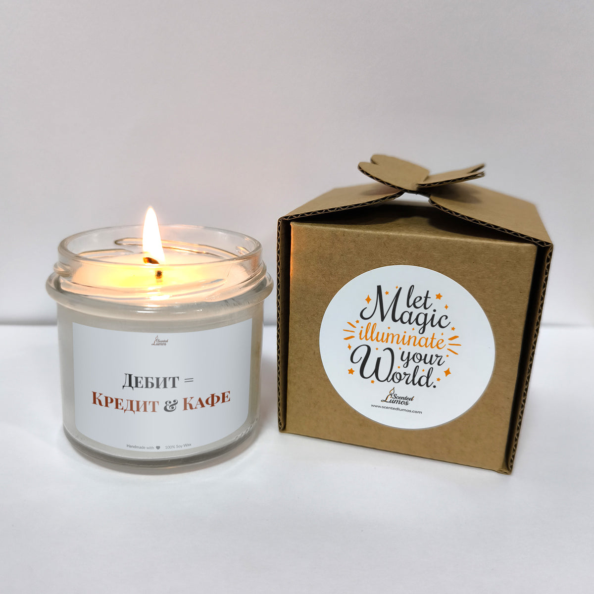 Дебит = Кредит & Кафе Ароматна соева свещ за счетоводител