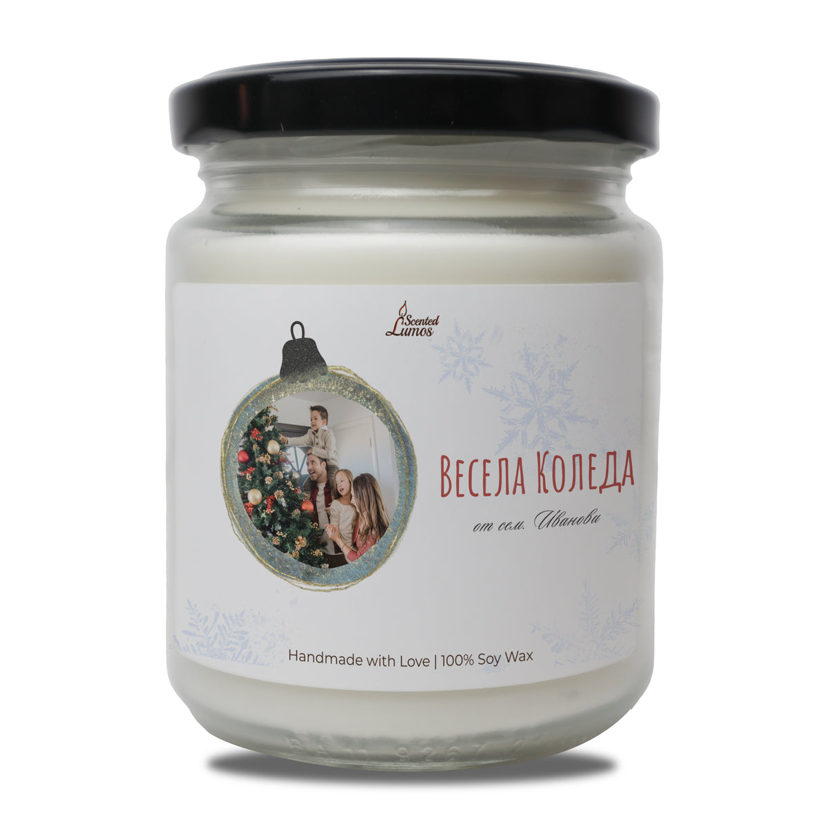 a candle with a picture of a man and a woman on it