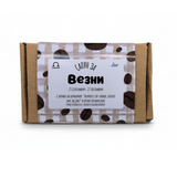 The image is a product packaging for a coffee-flavored item, with a pattern of coffee beans on a white background.