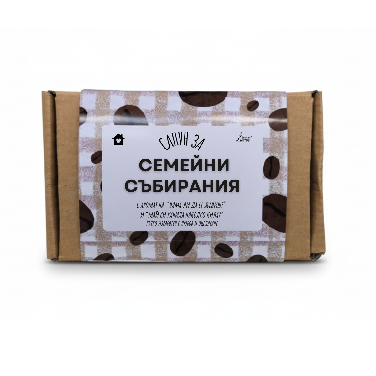 a coffee-themed product with a label that includes text in Russian and English.