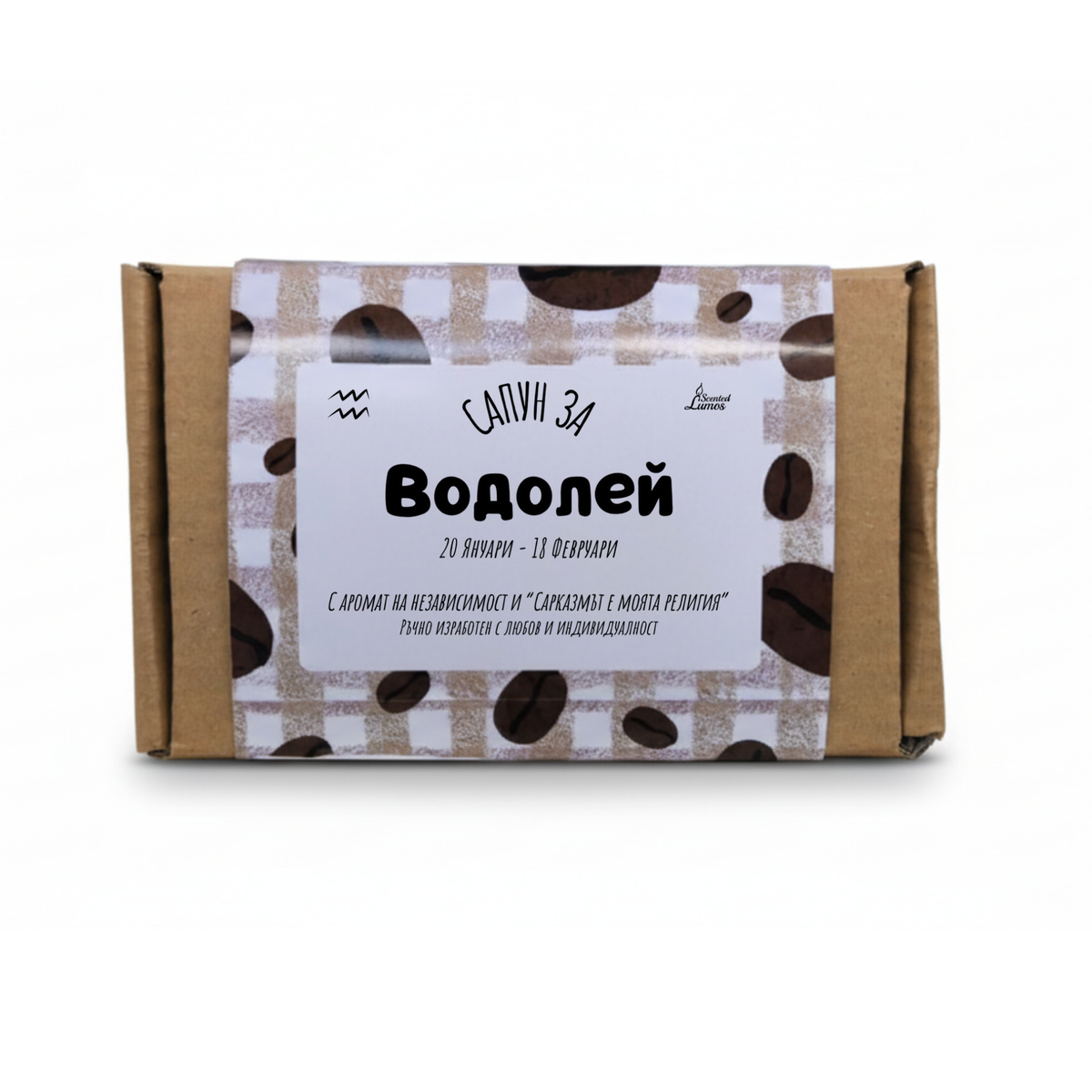 a product with a label that includes text in a foreign language, possibly Russian, and coffee bean patterns.