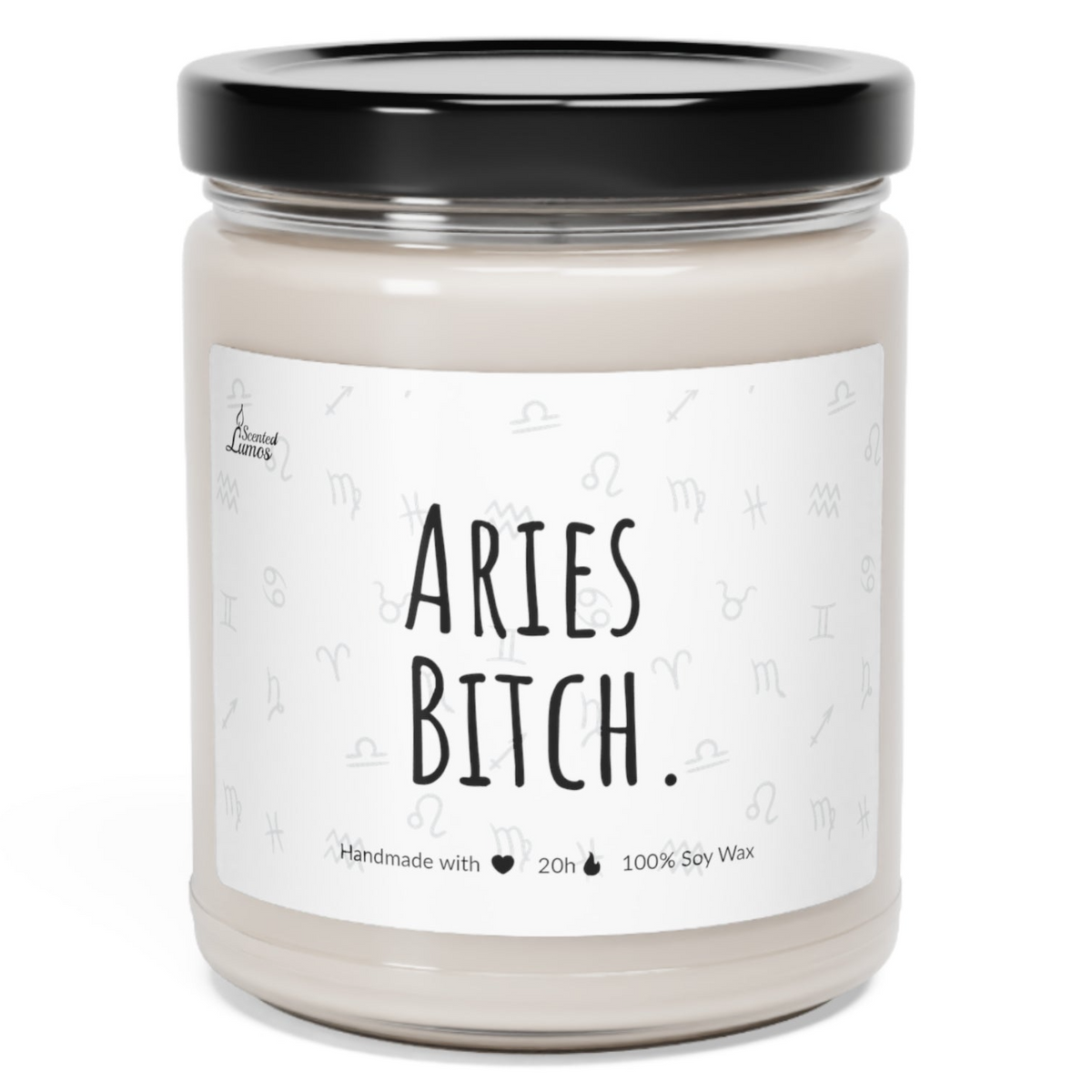 a jar of aries bitch candle on a white background