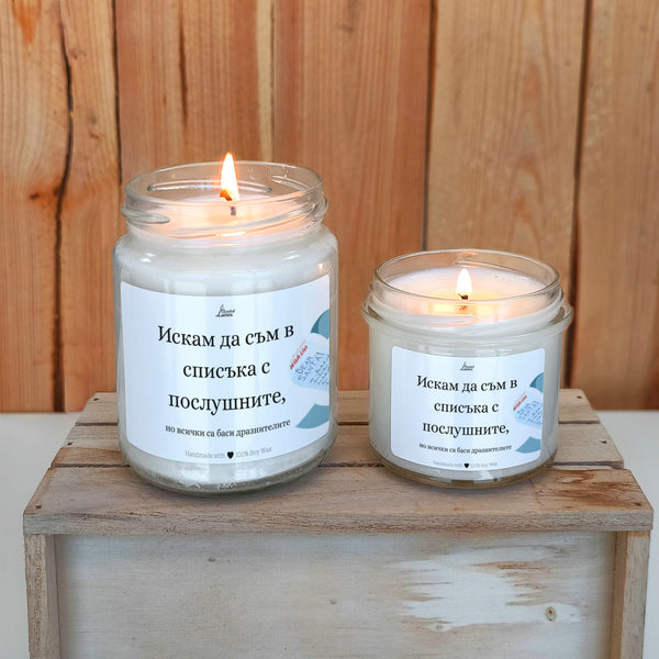 Искам да съм в списъка с послушните, но всички са баси дразнителите Ароматна соева свещ за Коледа