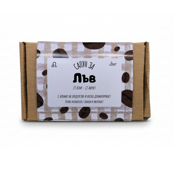 a coffee-themed product with a label that includes text in Cyrillic script.