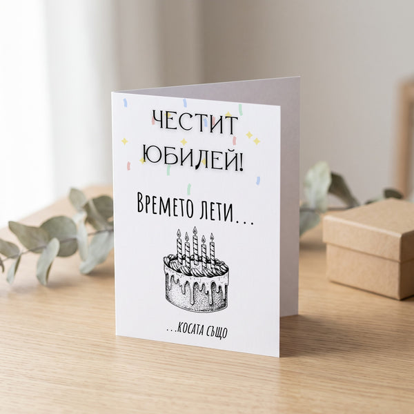 Времето лети... косата също! Честит юбилей! Картичка за рожден ден