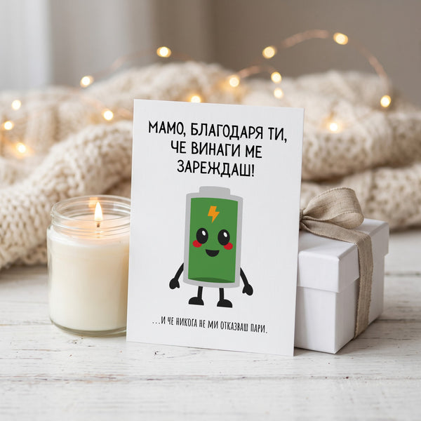 Мамо, благодаря ти, че винаги ме зареждаш! Картичка за майка