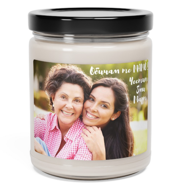 a candle with a picture of two women on it