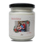 a candle with a picture of a family on it
